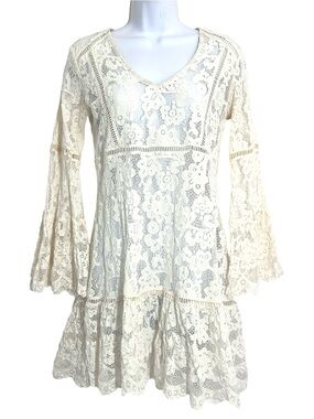 Scully Honey Creek Creme Lace Crochet Long Sleeve Mini Dress Size S Sheer